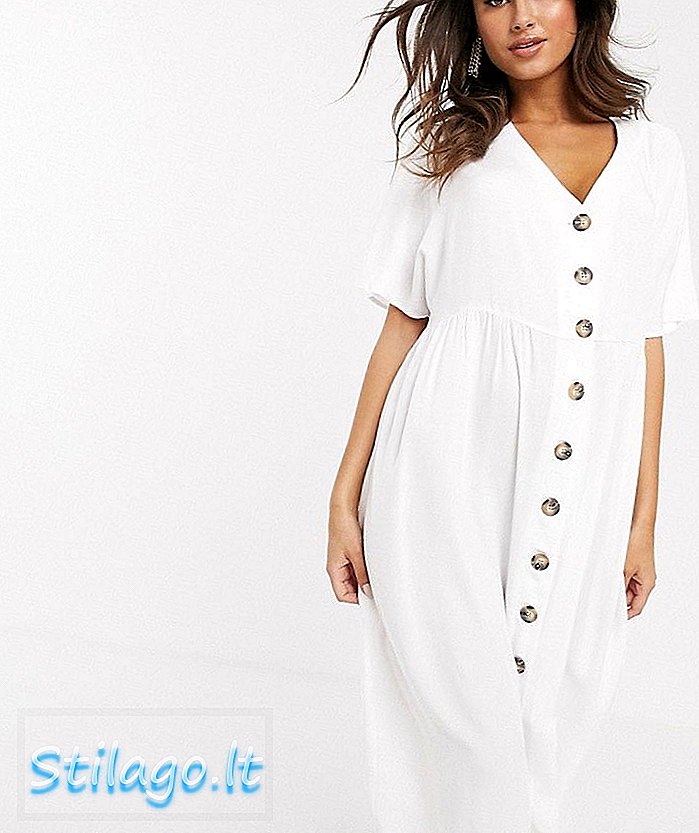 ASOS DESIGN Tombol leher v melalui gaun midi smock-White