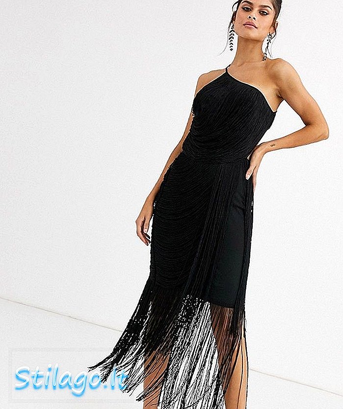 ASOS ڈیزائن پورے ڈراپ فرنگج ایک کندھے کے مڈیکسی لباس-سیاہ