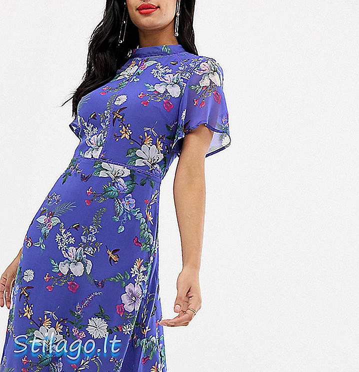 שמלת midi צוואר גבוהה עם אואזיס בצבע פרחוני כחול