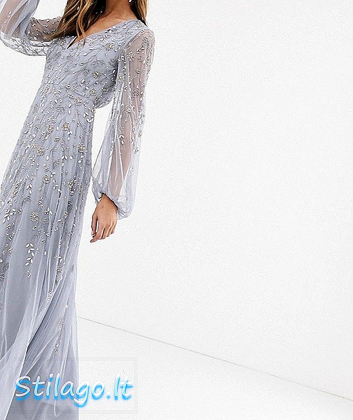 ASOS DESIGN maxi φόρεμα με μανίκι blouson και λεπτό λουλουδάτο εξωραϊσμό-Μωβ