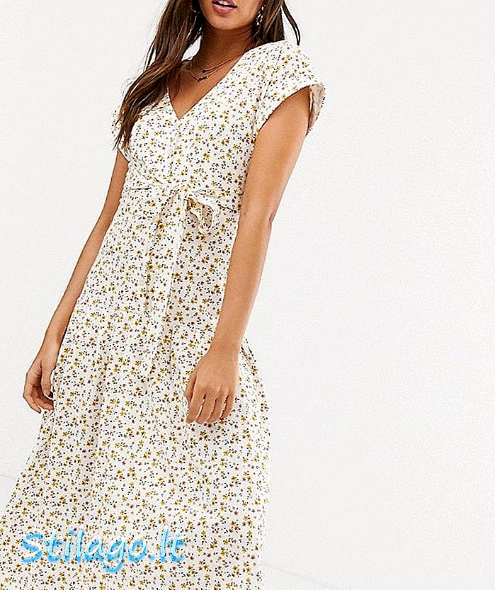 ASOS DESIGN botão midi através de vestido de chá com cinto com cintura caída em floral servindo-Multi