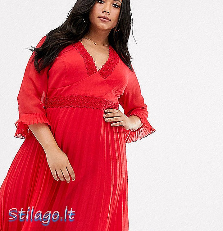 ASOS DESIGN Dantel parçalı eğri pileli midi elbise-Kırmızı