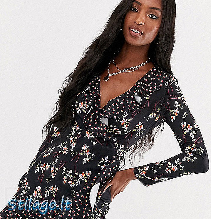 Vestido alto parisino con volantes y estampado floral mix-Negro