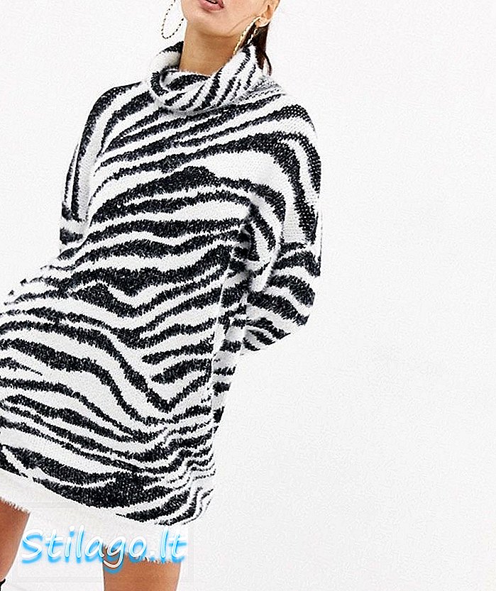 Gaun jumper yang salah arah dengan leher bergulung-zebra-Putih