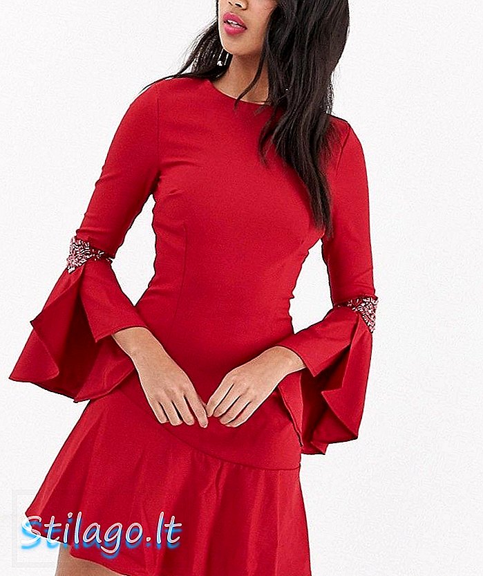 लिटिल मिस्ट्रेस लॉन्ग फ्लूट स्लीव ड्रेस-रेड