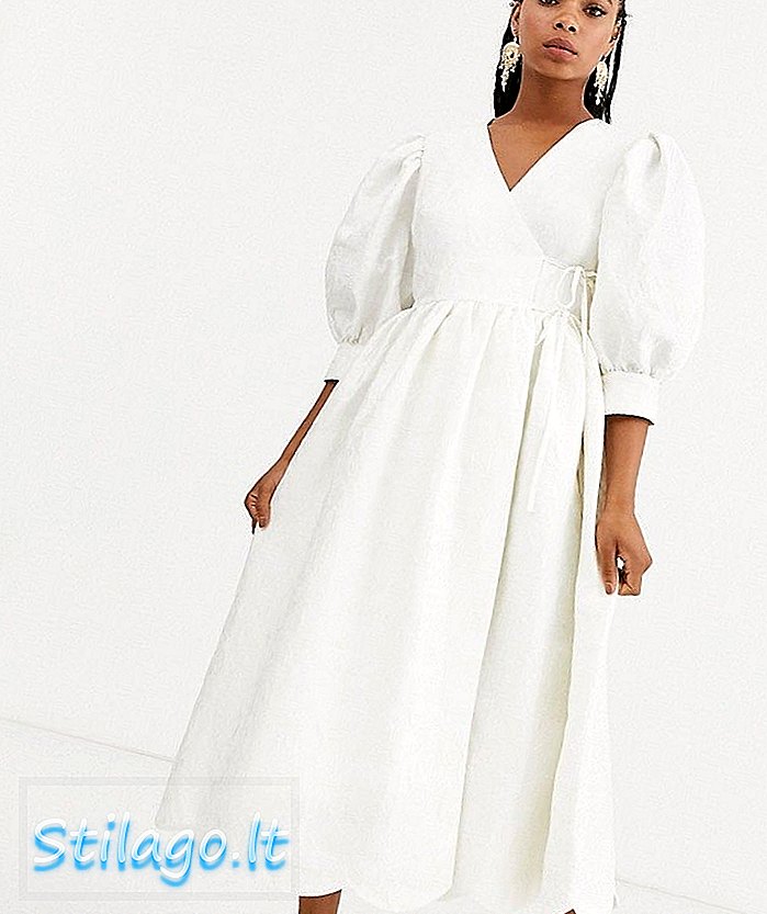 Dream Sister Jane midaxi wrap-klänning med volymärmar och kammusslor i nederkant av jacquard-vit