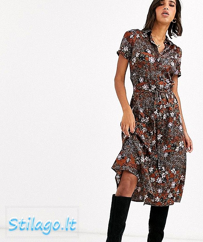 मिक्स फ्लोरल प्रिंट-मल्टी में वेरो मोडा शॉर्ट स्लीव शर्ट मिडी ड्रेस
