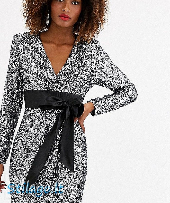 Unique21 Plunde Boyun Düğüm Önü Detay Premium Pullu Elbise-Gümüş