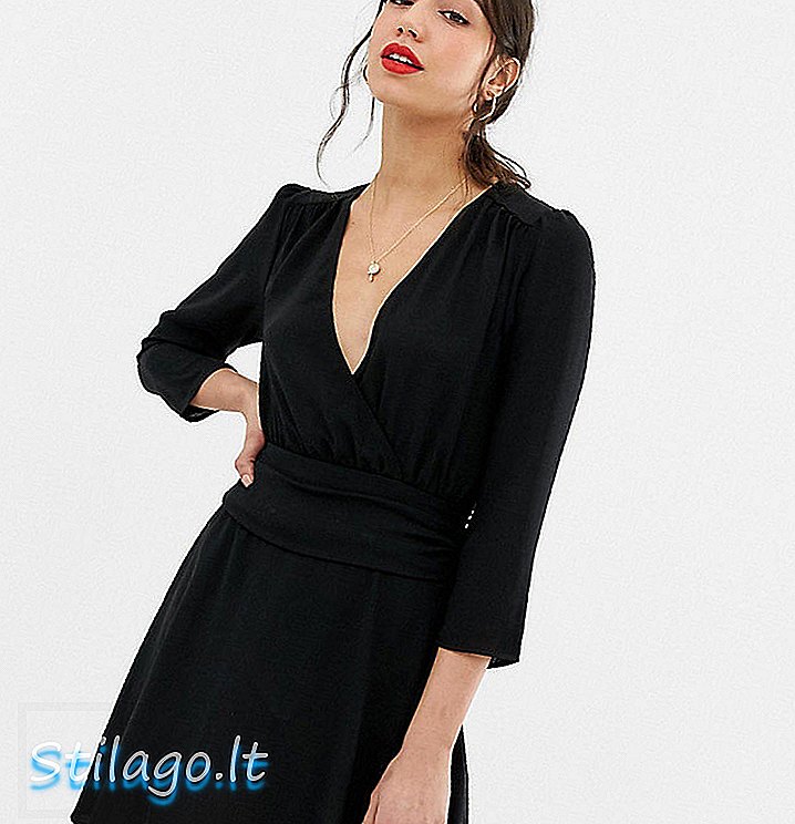 ASOS DESIGN Mini dress bungkus tinggi dengan rok ruched-Black