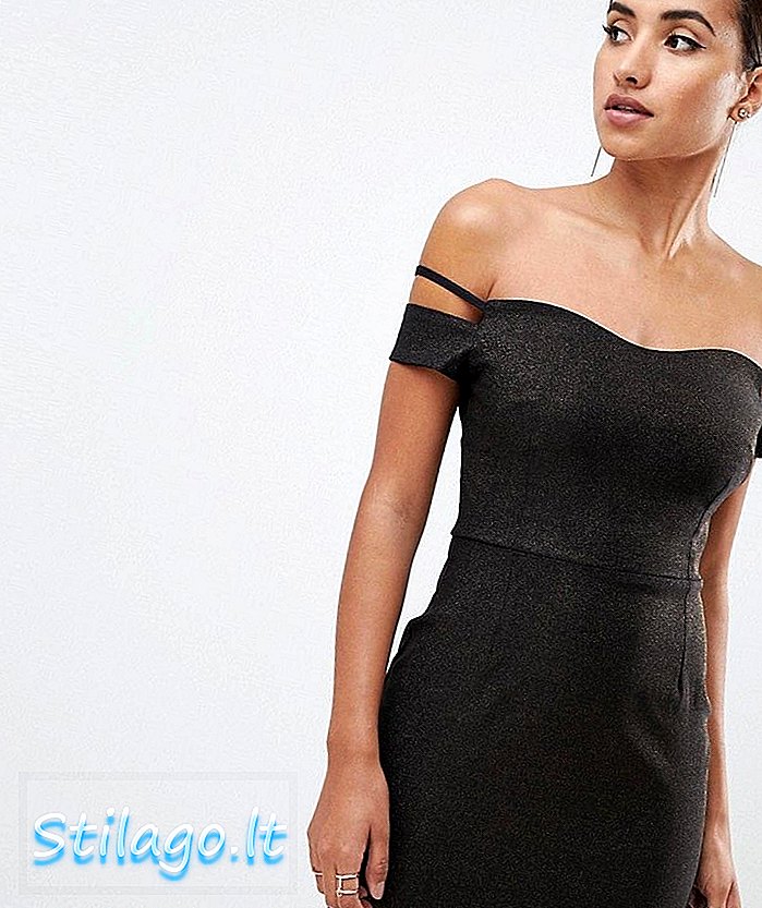 Vesper bardot mini glitter kjole med ærmetal i sort