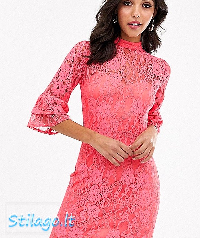종이 인형 부드러운 레이스 높은 목 bodycon 드레스-핑크