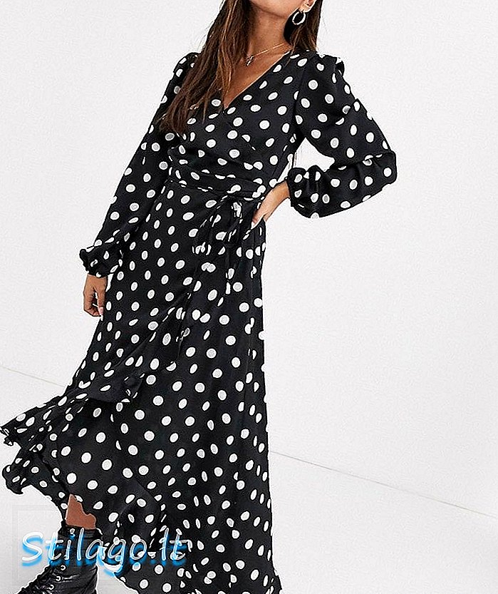 New Look langærmet stor spot midi-kjole i sort polka dot