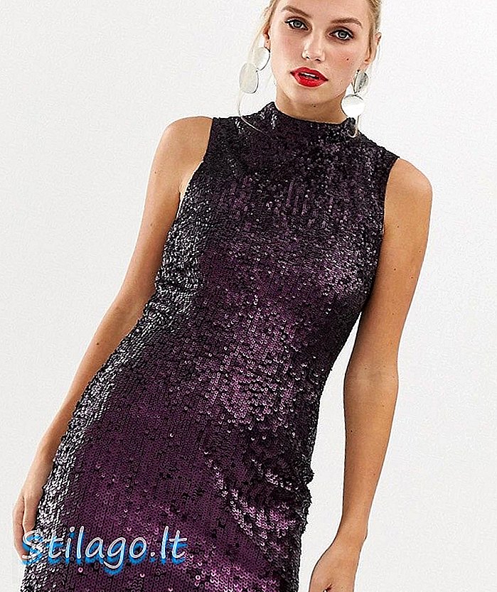 Fransız Bağlantı Starlight payetli yüksek boyunlu elbise-Mor