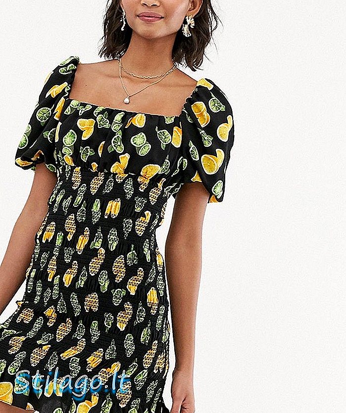 레몬과 라임 프린트로 셔링 처리 된 ASOS DESIGN 오프 숄더 미니 드레스