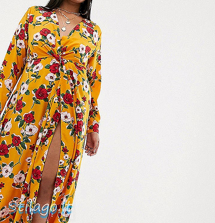 Gaun maxi PrettyLittleThing Plus dengan bahagian depan berpusing di bunga mustard-Multi