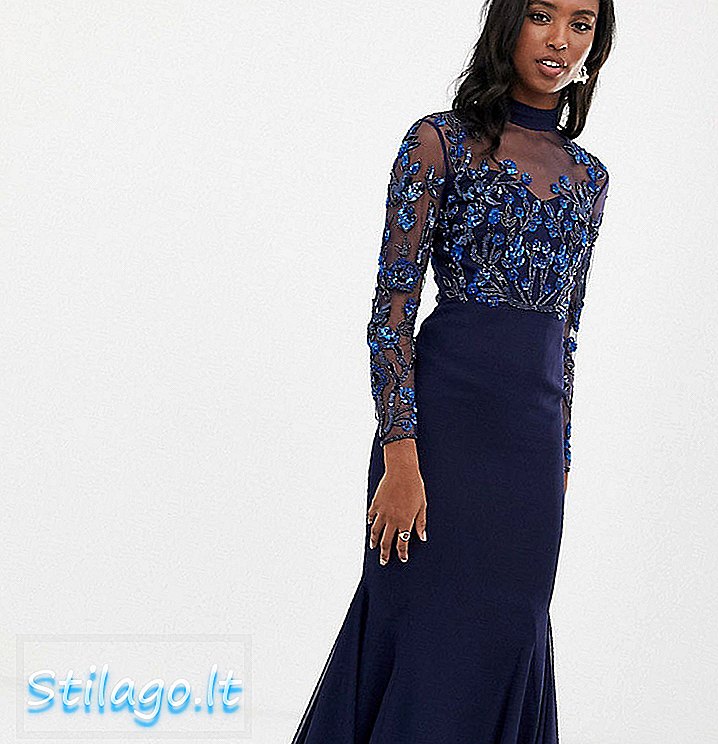 Virgos Lounge Høj, ren pyntet maxi-kjole i langærmet i marineblå