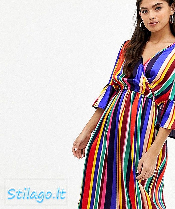 Pengaruh flare wrap dress lengan dalam rainbow stripe-Multi