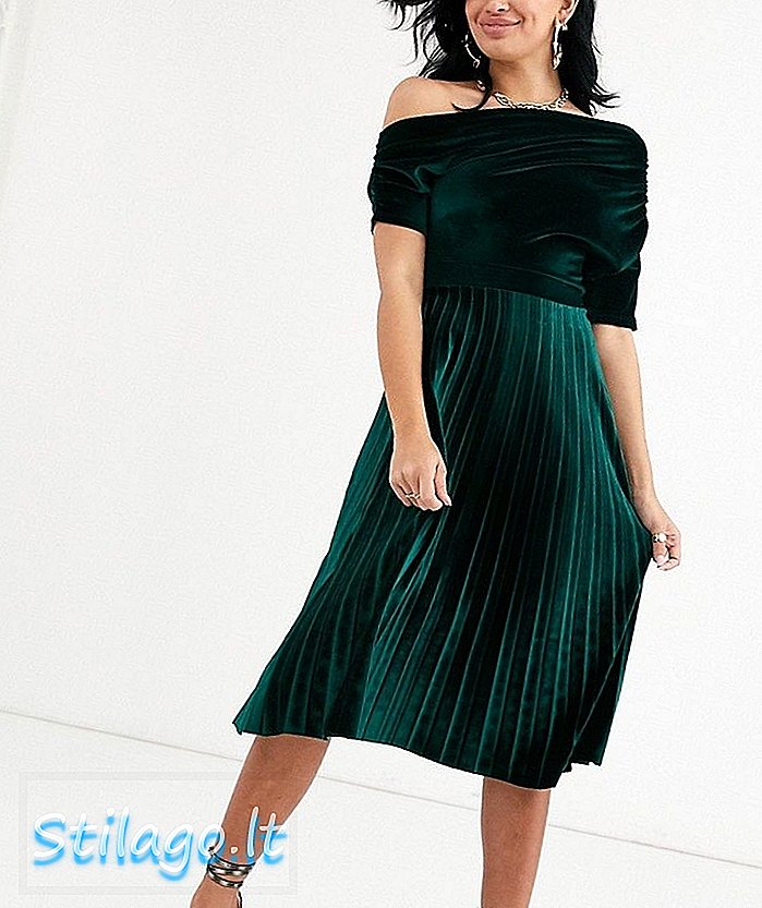 فستان متوسط ​​الطول بكتف مكشوف من كتف ASOS DESIGN باللون الأخضر المخملي