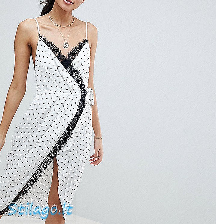ASOS DESIGN فستان لانجري متوسط ​​الطول لف من الساتان بطبعة سبوت - أبيض