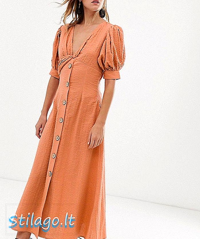 Tombol ASOS DESIGN melalui twist front maxi tea dress di seersucker-Beige