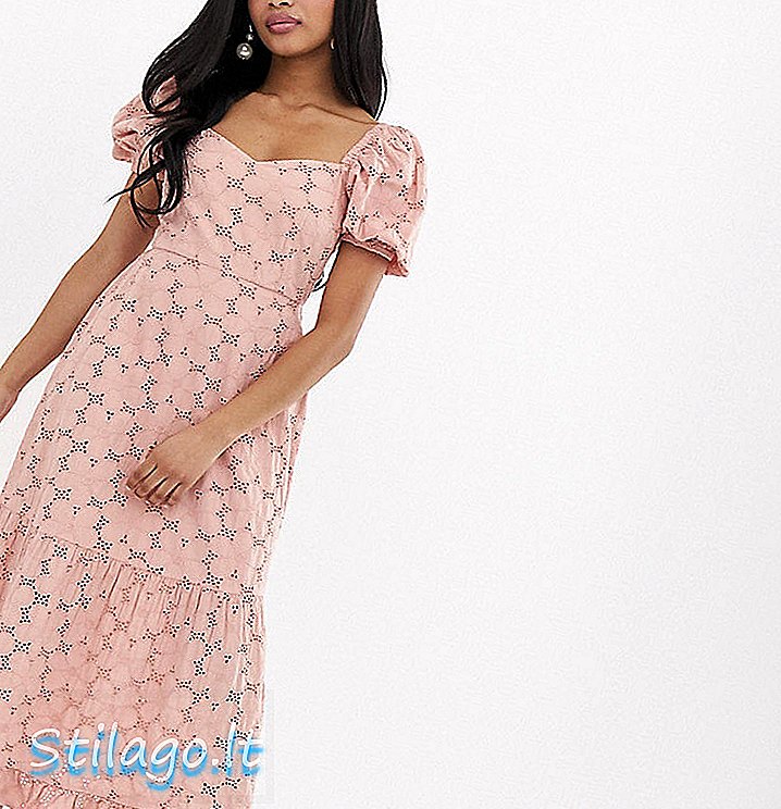 ASOS DESIGN Petite maxi-jurk van broderie met sweetheart halslijn en pofmouwen - roze
