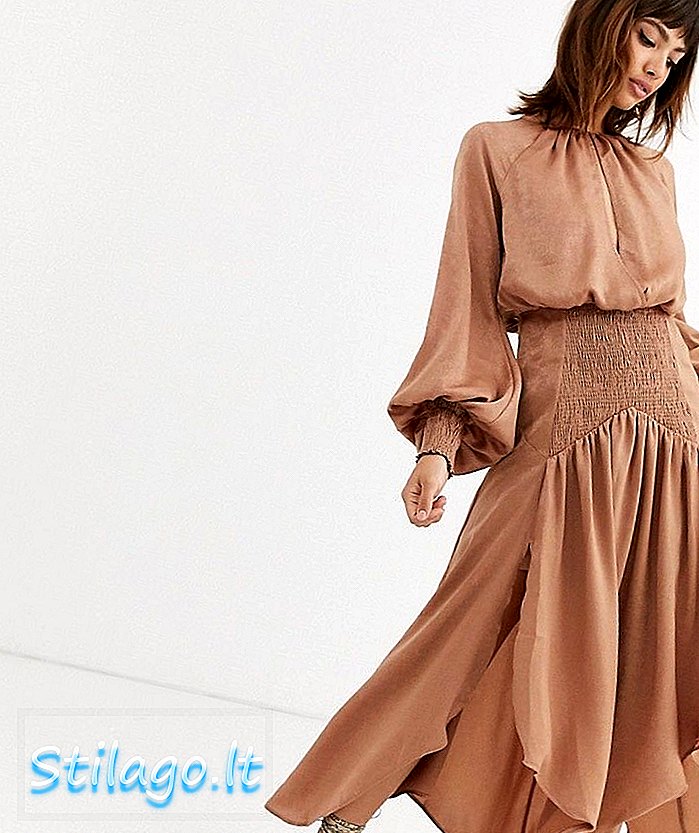 ASOS DESIGN рокля от сатен блузон midi с детайли и ключодържател-крем-крем