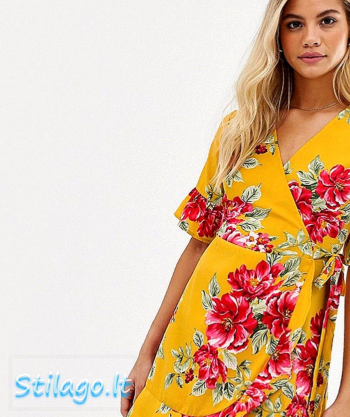 Умотана омотана хаљина с украсним детаљима у цвјетном принт-жута