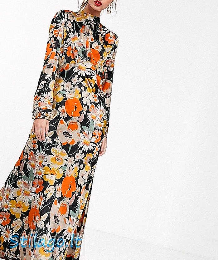 ASOS DESIGN vysoko saténové čajové šaty s vysokým krkom v kvetinovej potlači Multi