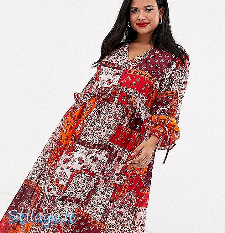 Neon Rose Plus maxi füstös ruha gombbal elöl, patchwork print-Multi-ban