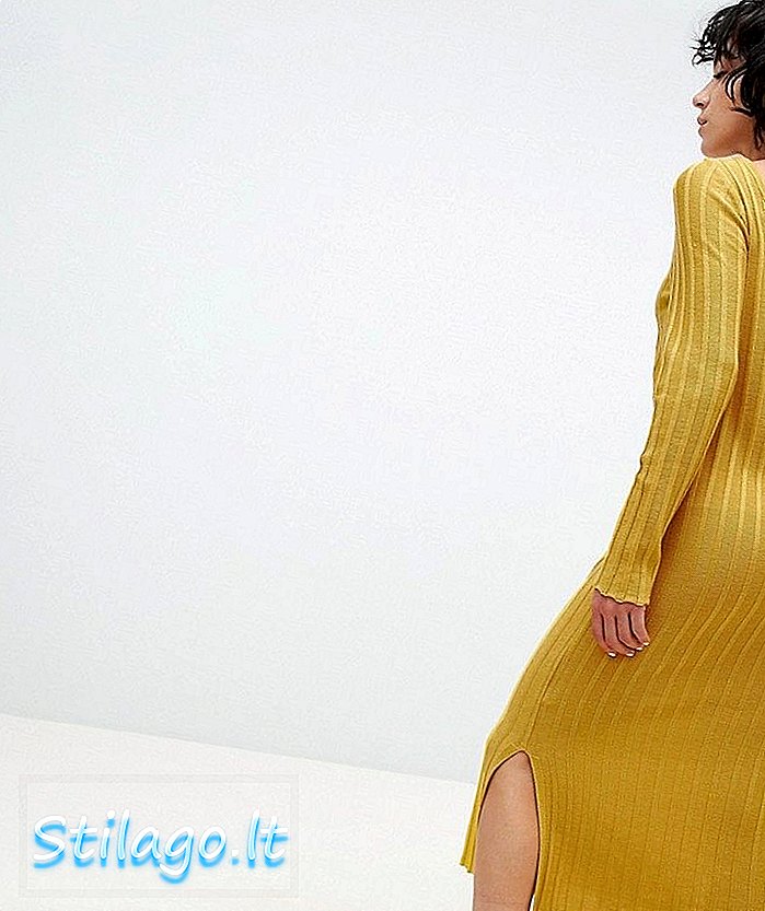 ASOS DESIGN gaun midi rajutan di tulang rusuk lebar dengan v belakang-Kuning