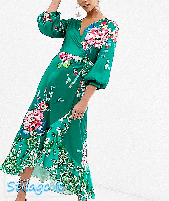 Ликьорна обвивка от преден миди чаена рокля в зелен флорален принт-Multi