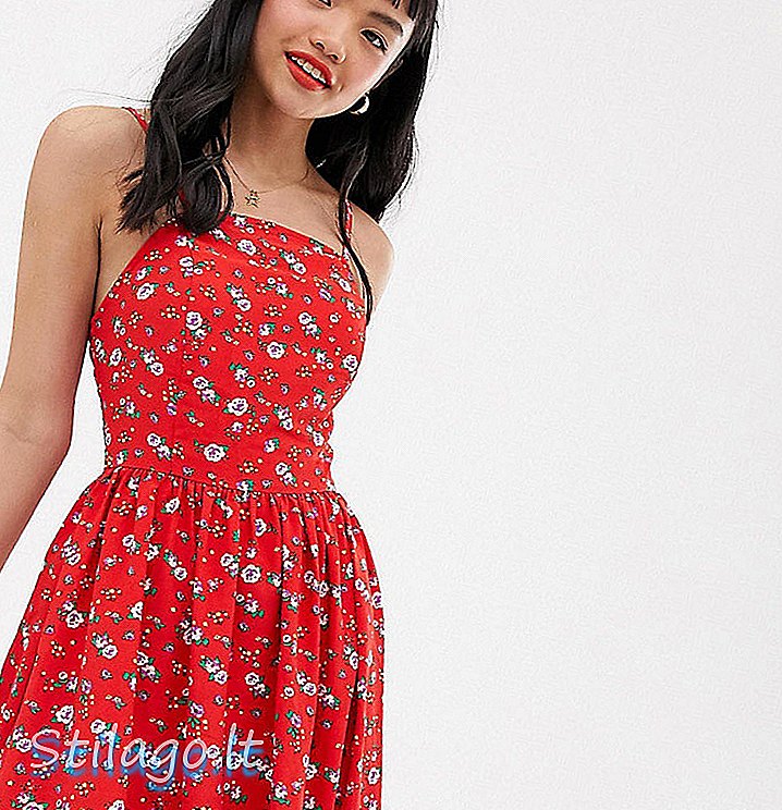 Očarujúce šaty Petite cami s kravatou chrbtom v ditsy kvetinovo-červenej farbe