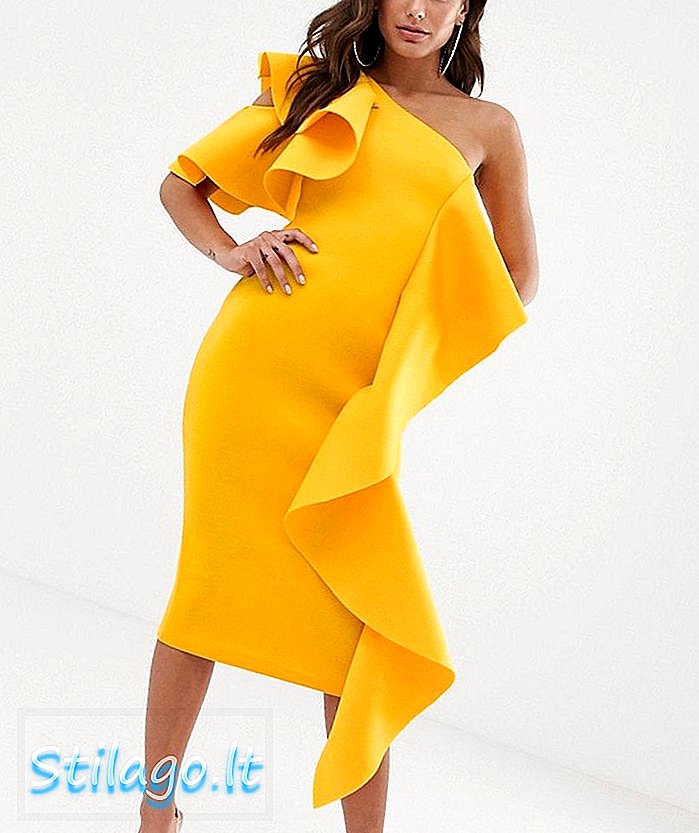 فستان متوسط ​​الطول بكتف واحد من Lavish Alice مزين بكشكشة باللون الأصفر الذهبي