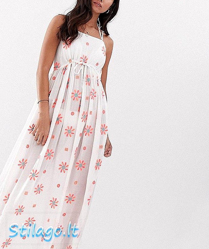 Haftowana sukienka plażowa maxi w kwiaty Anmol z kwiatowym zdobieniem - biała