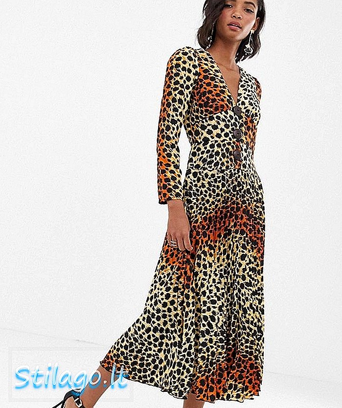 ASOS DESIGN плисирана макси рокля с кокосови копчета в леопардов принт-Multi