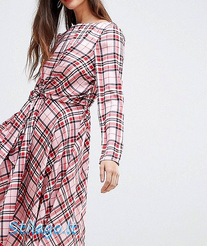 Gaun midi River Island dengan detail simpul depan di tartan check-Pink