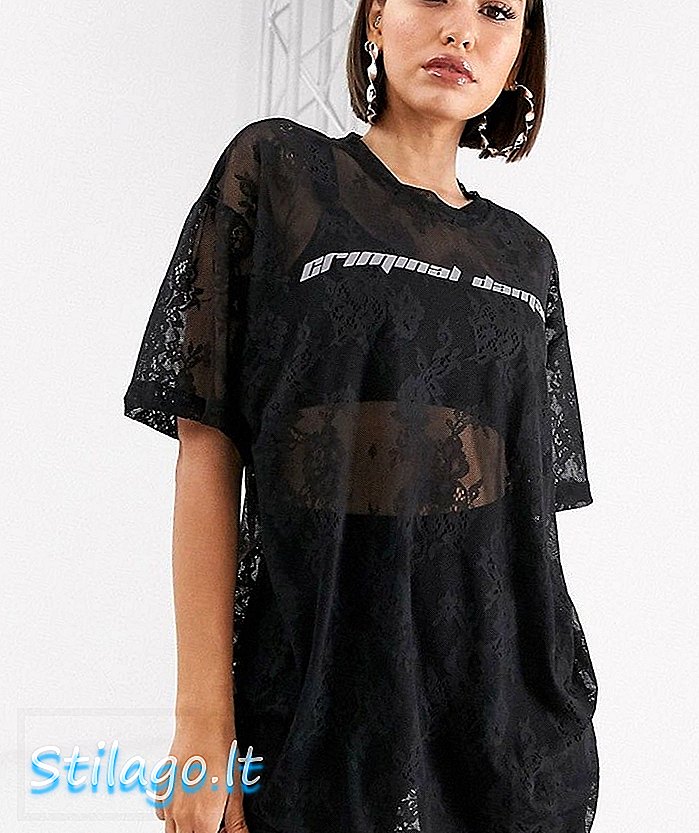 Criminal Damage Spitze T-Shirt Kleid mit reflektierendem Logo-Schwarz
