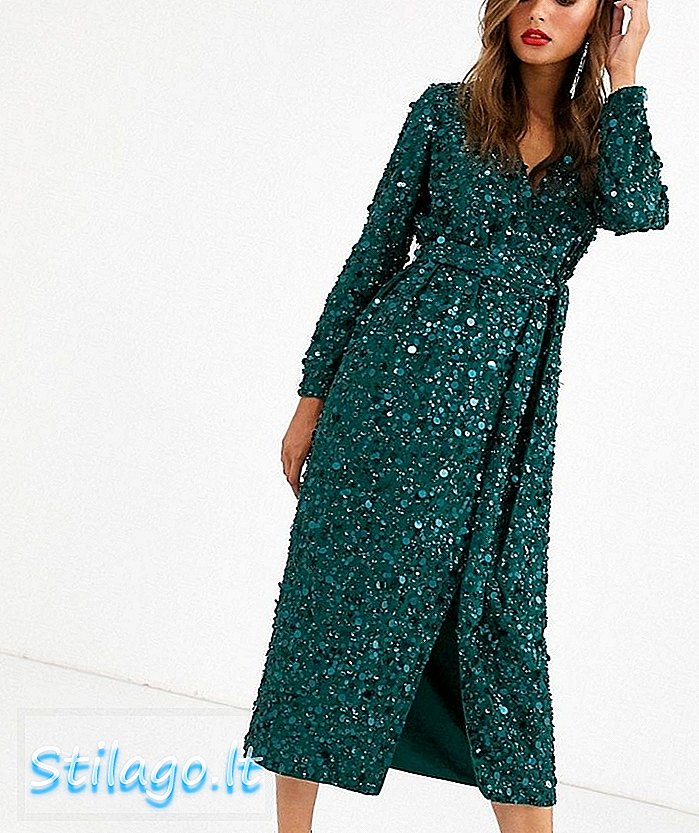 ASOS EDITION فستان متوسط ​​الطول ملفوف بالترتر - أخضر