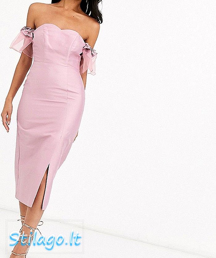 Истинска декадентска рокля на рамото midi с изящен органзов ръкав в тъмно розово