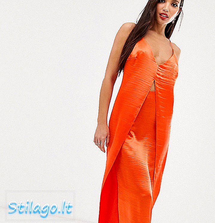 ASOS DESIGN 고광택 새틴-오렌지 컷 아웃 키가 큰 캐미 미디 슬립 드레스