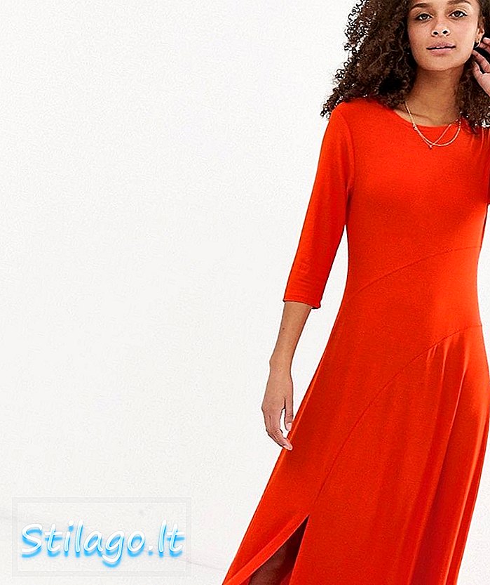 ب- فستان متوسط ​​الطول بألواح شبكية باللون الأحمر