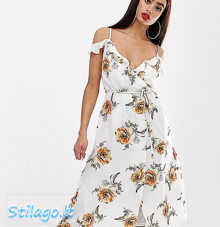 PrettyLittleThing midi wrap kjole med kold skulder i hvid blomster