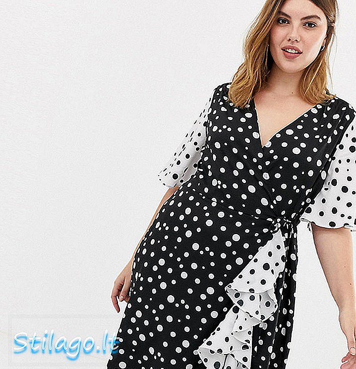 Influence Plus frill skjørt detalj midi kjole i bland og match polka dot print-Svart