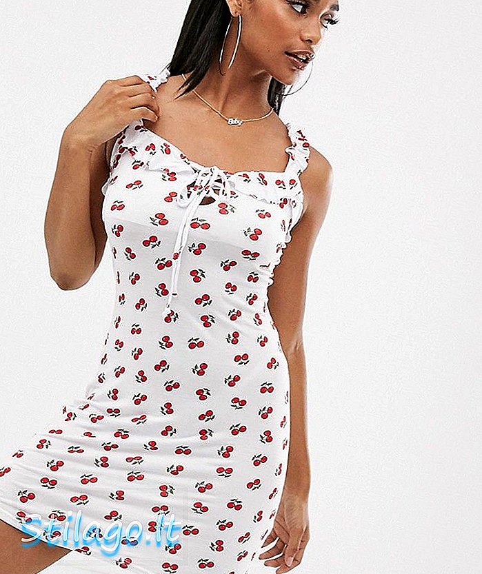 सफेद चेरी प्रिंट-मल्टी में टाई डिटेल के साथ बोहो स्क्वायर नेक ड्रेस