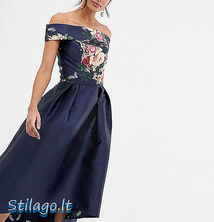 צ'י צ'י לונדון שמלה לנשף צוואר ברדו גבוה עם מכפלת נמוכה גבוהה בפרחוני נייבי