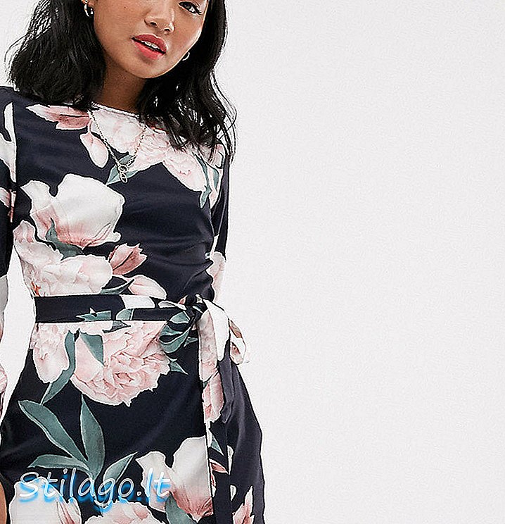 पॅरिसियन पेटाईट लाँग स्लीव्ह ड्रेस मोठ्या प्रमाणात फुलांचा-नेव्हीमध्ये सेल्फ बेल्टसह
