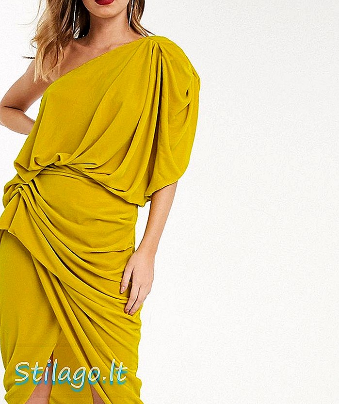 Asosowa asymetryczna sukienka midi z drapowaniem ASOS w aksamitno-żółtym kolorze