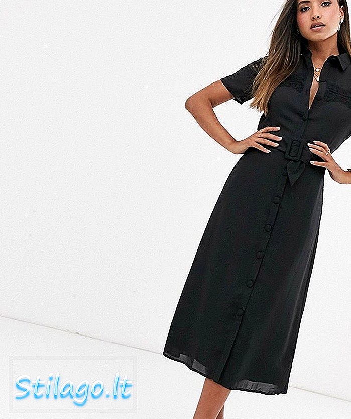 레이스 패널과 벨트 블랙과 패션 연합 미디 버튼 다운 셔츠 드레스