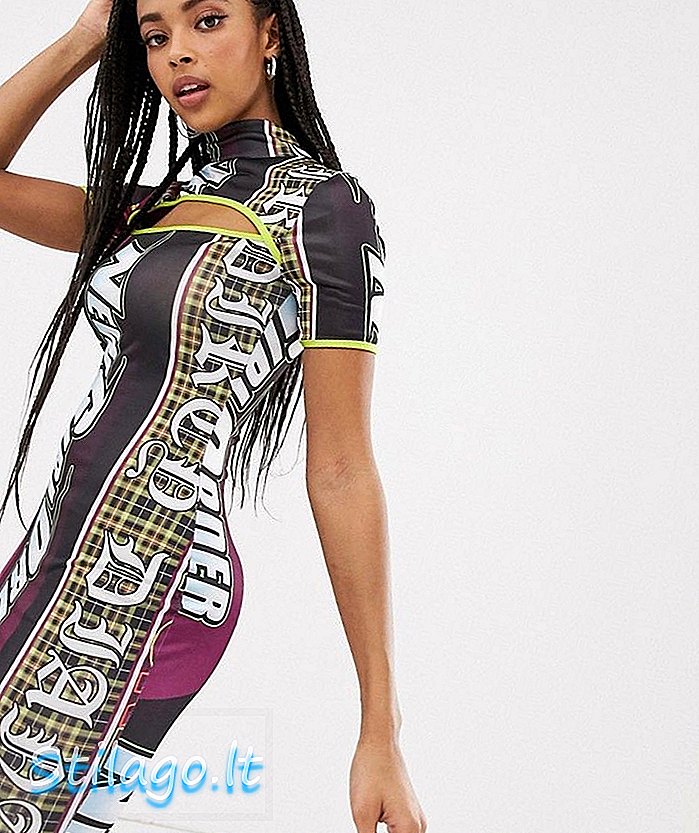 मिश्रित रेट्रो प्रिंट-मल्टीमध्ये कट आउटसह नवीन गर्ल ऑर्डर बॉडीकॉन ड्रेस