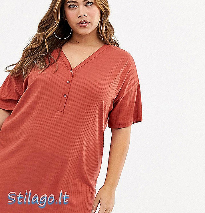 रिब-रेड में ASOS डिजाइन कर्व पॉपर फ्रंट टी-शर्ट ड्रेस